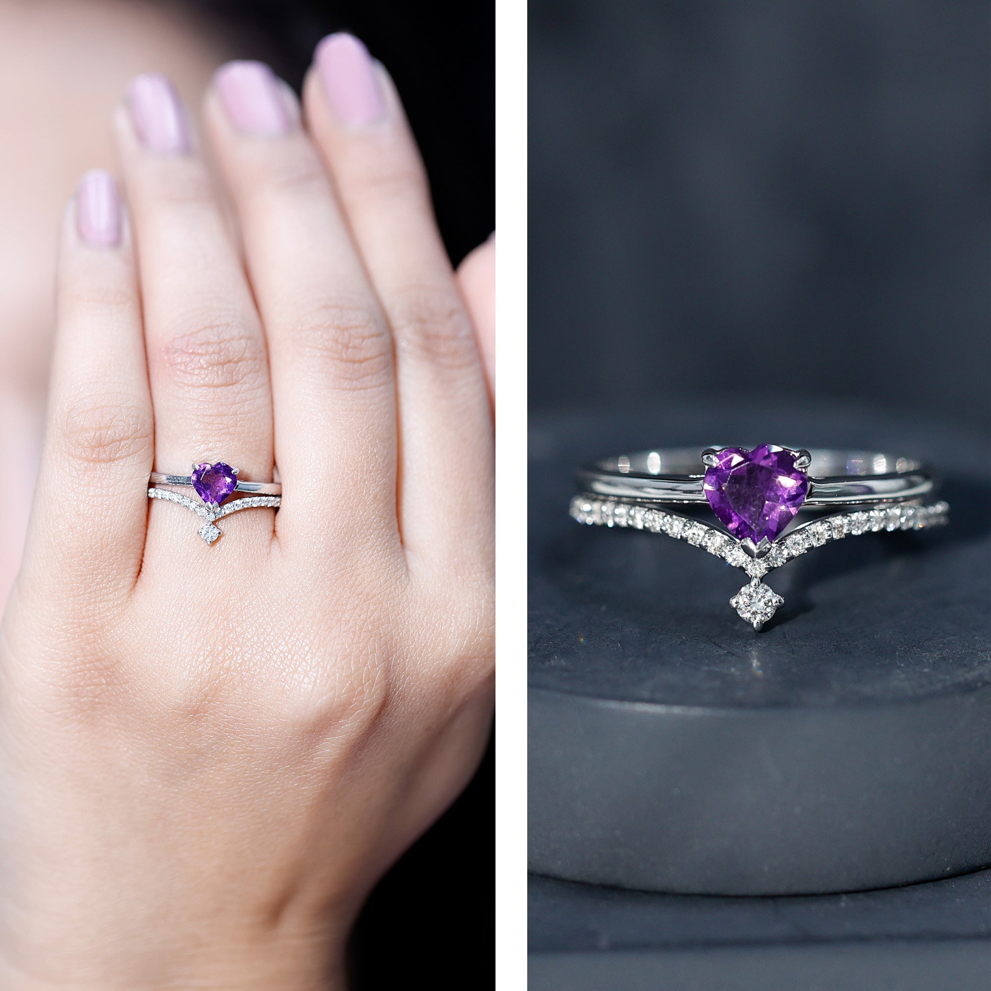 Natural Amethyst Solitaire Heart Ring Set with Diamond