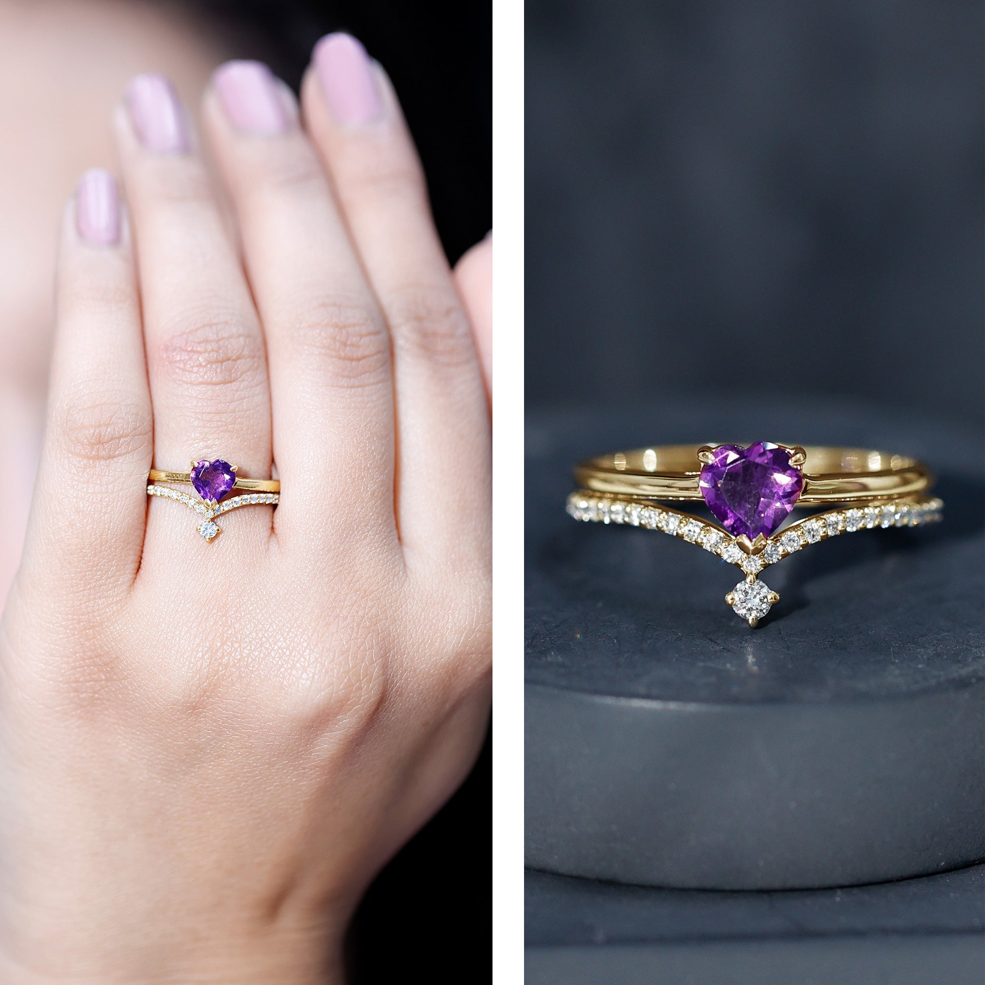 Natural Amethyst Solitaire Heart Ring Set with Diamond