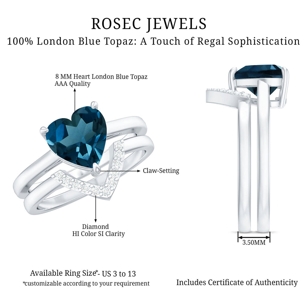 8mm London Blue Topaz Heart Ring Set with Diamond
