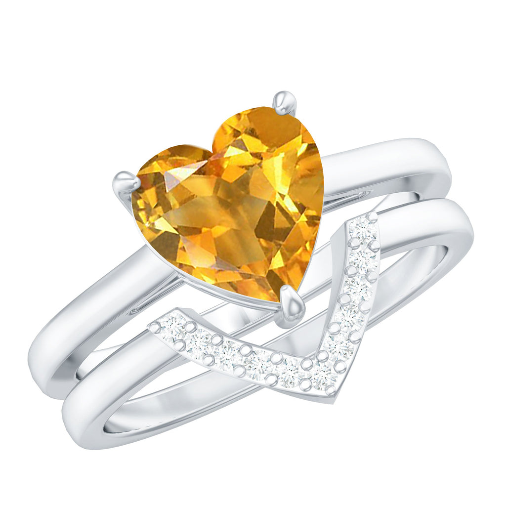 Heart Shape Solitaire Citrine and Diamond Bridal Ring Set