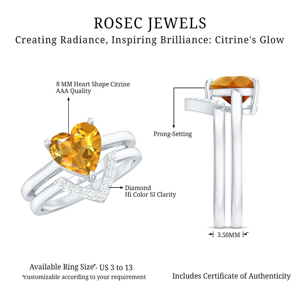 Heart Shape Solitaire Citrine and Diamond Bridal Ring Set