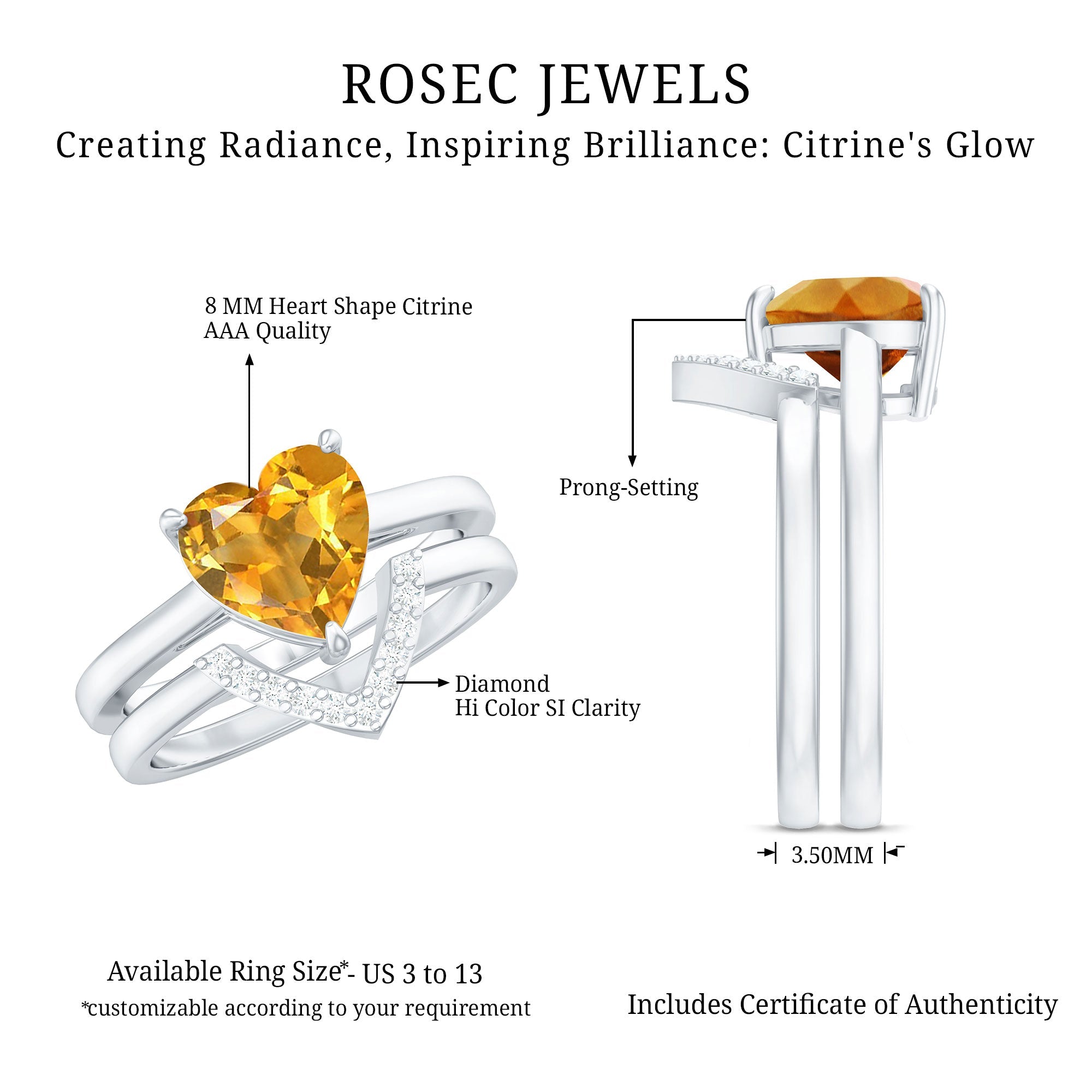 Heart Shape Solitaire Citrine and Diamond Bridal Ring Set