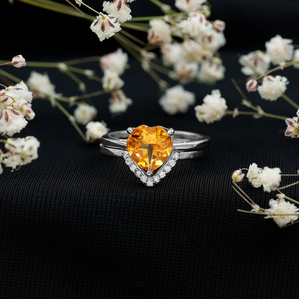 Heart Shape Solitaire Citrine and Diamond Bridal Ring Set