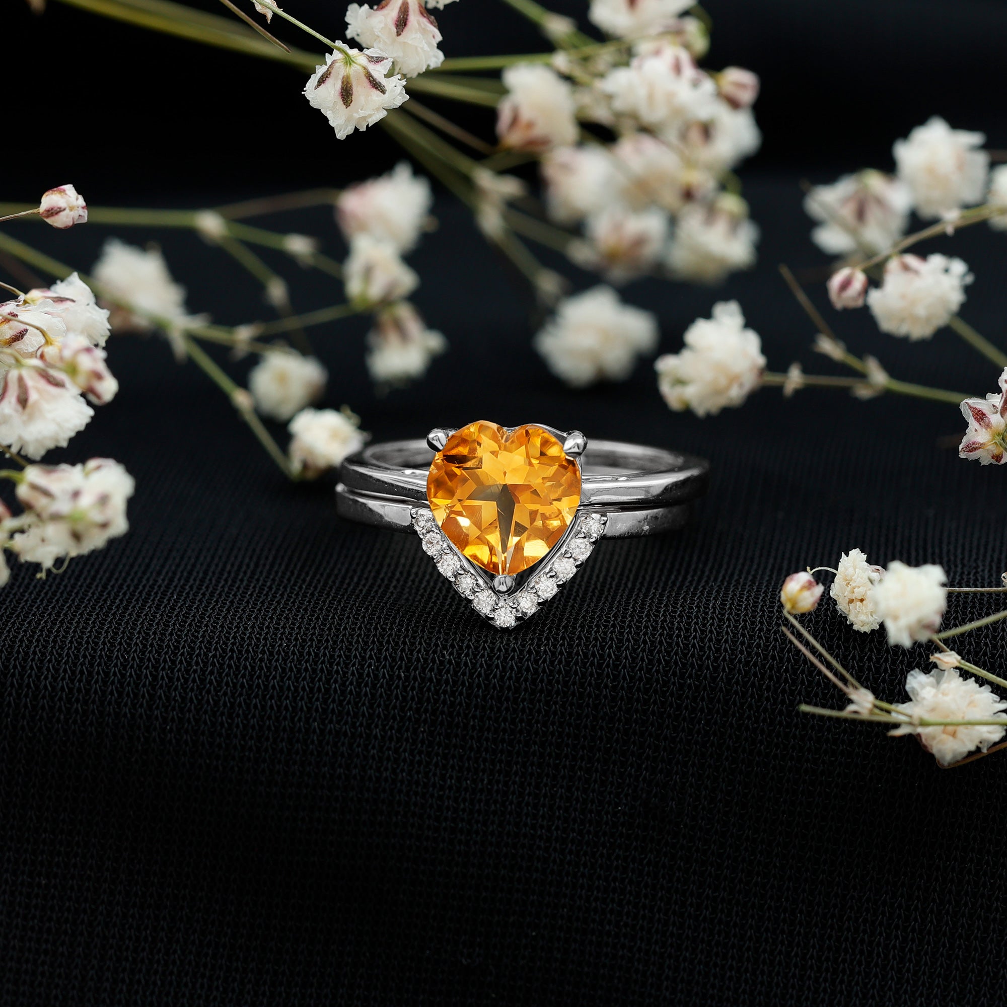 Heart Shape Solitaire Citrine and Diamond Bridal Ring Set