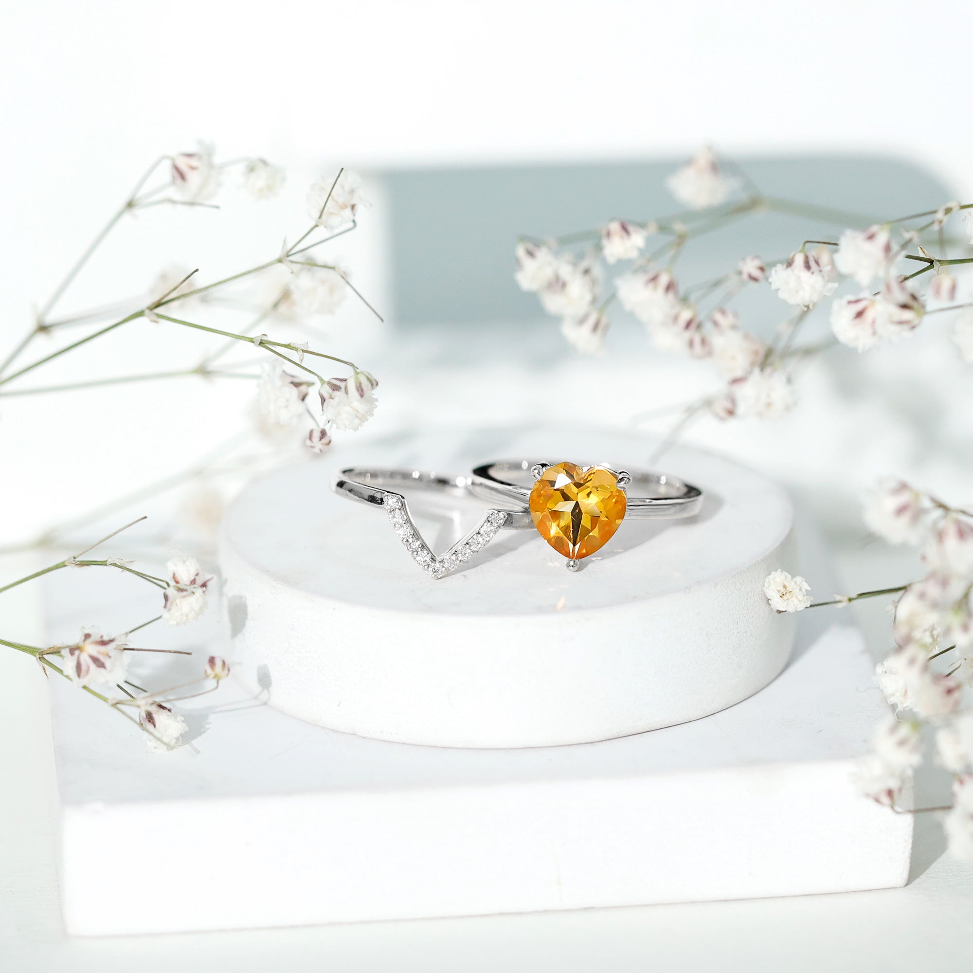 Heart Shape Solitaire Citrine and Diamond Bridal Ring Set
