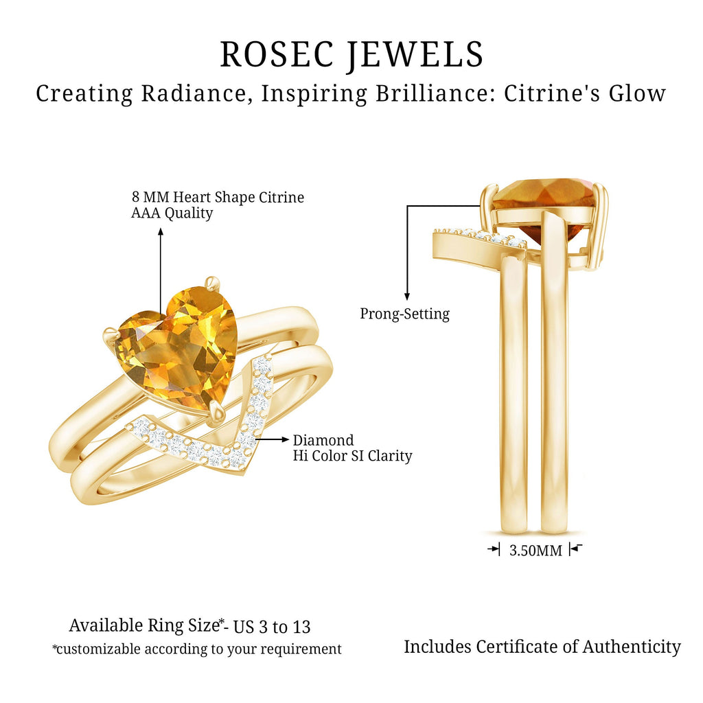Heart Shape Solitaire Citrine and Diamond Bridal Ring Set
