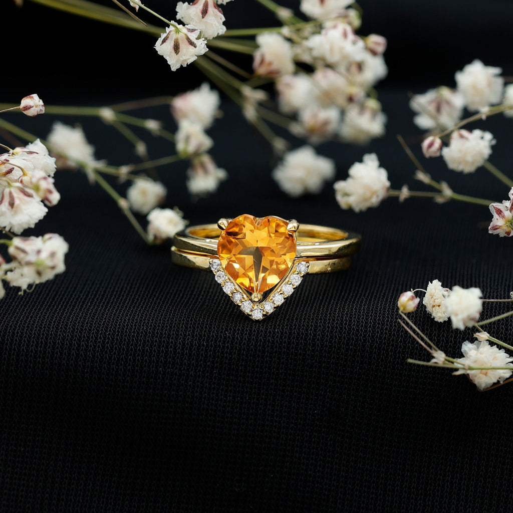 Heart Shape Solitaire Citrine and Diamond Bridal Ring Set