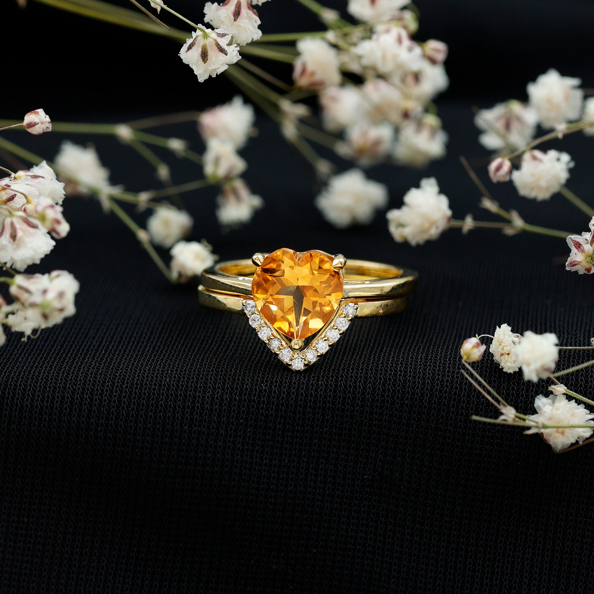 Heart Shape Solitaire Citrine and Diamond Bridal Ring Set
