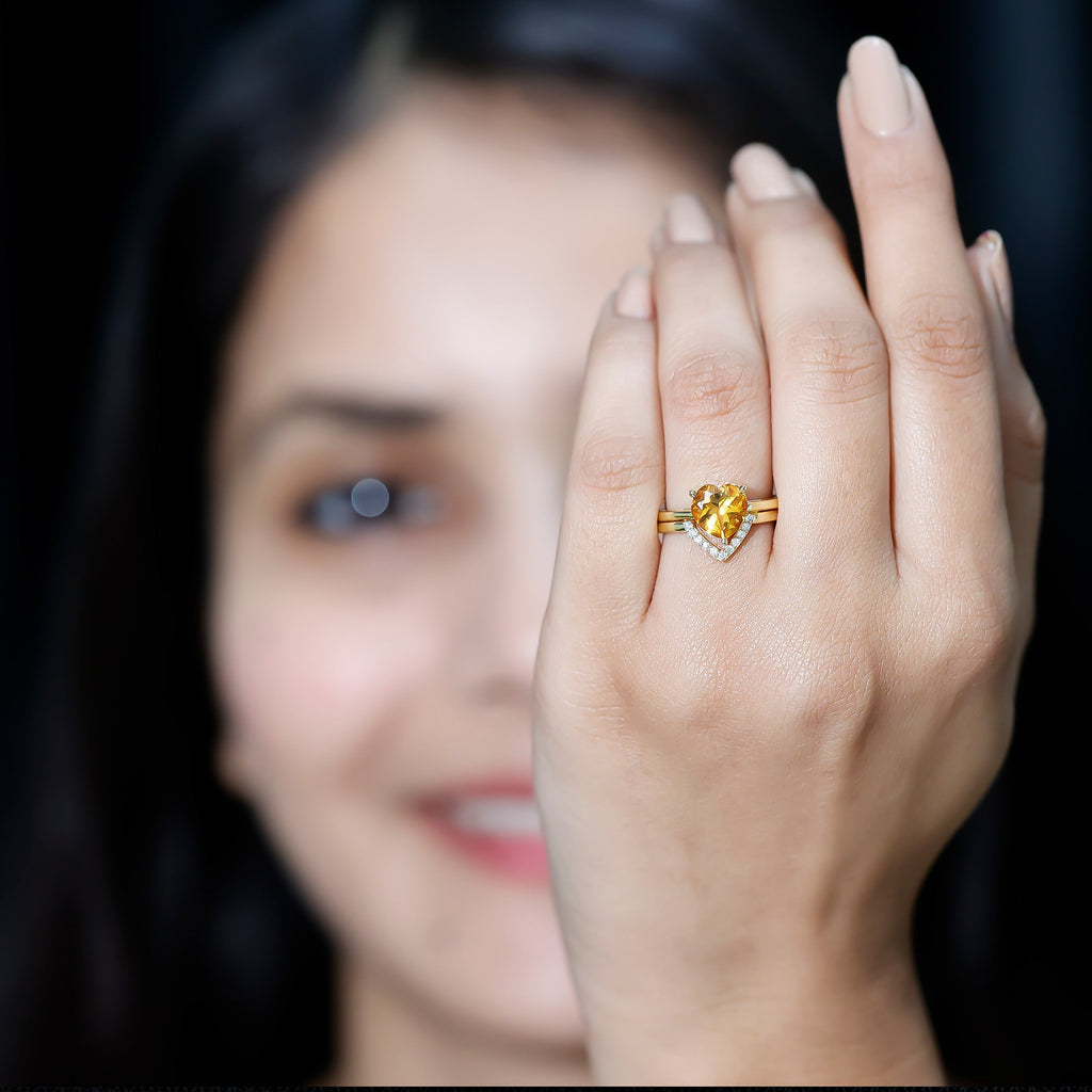 Heart Shape Solitaire Citrine and Diamond Bridal Ring Set