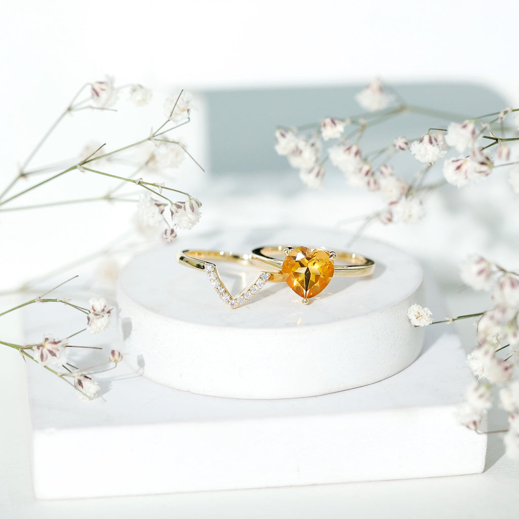 Heart Shape Solitaire Citrine and Diamond Bridal Ring Set