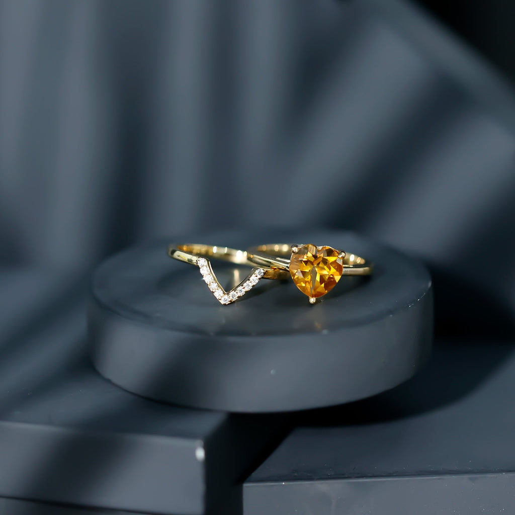 Heart Shape Solitaire Citrine and Diamond Bridal Ring Set
