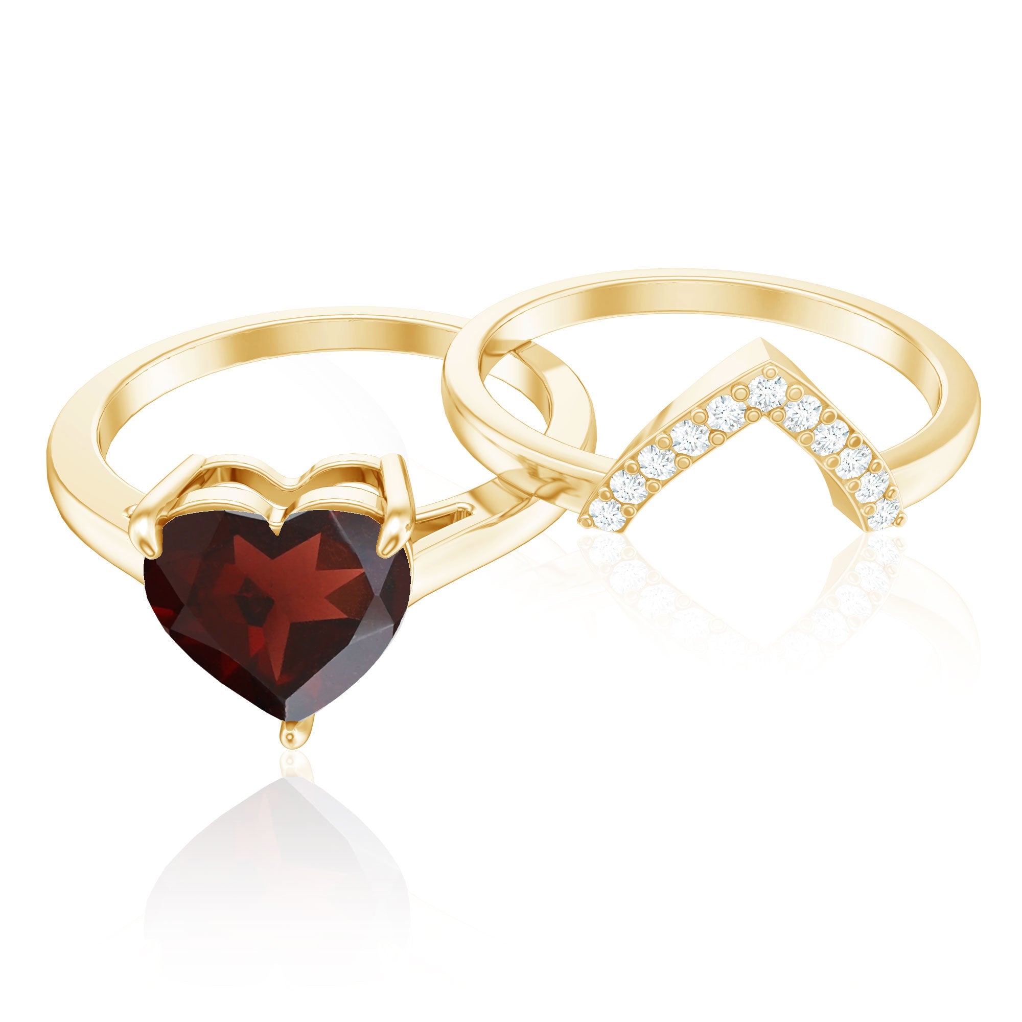 Real 8mm Garnet Diamond Heart Shaped Wedding Engagement Ring Set of 2