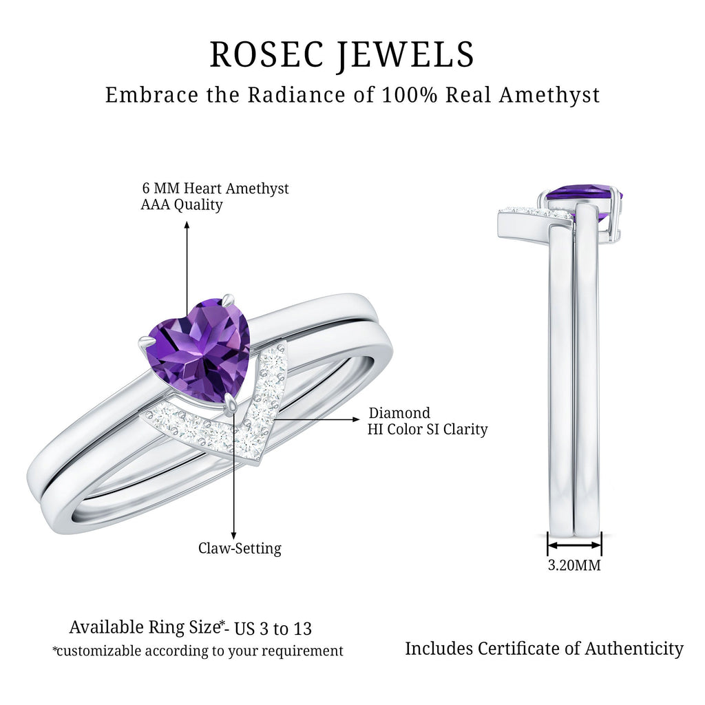 Heart Shape Amethyst and Diamond Ring Set