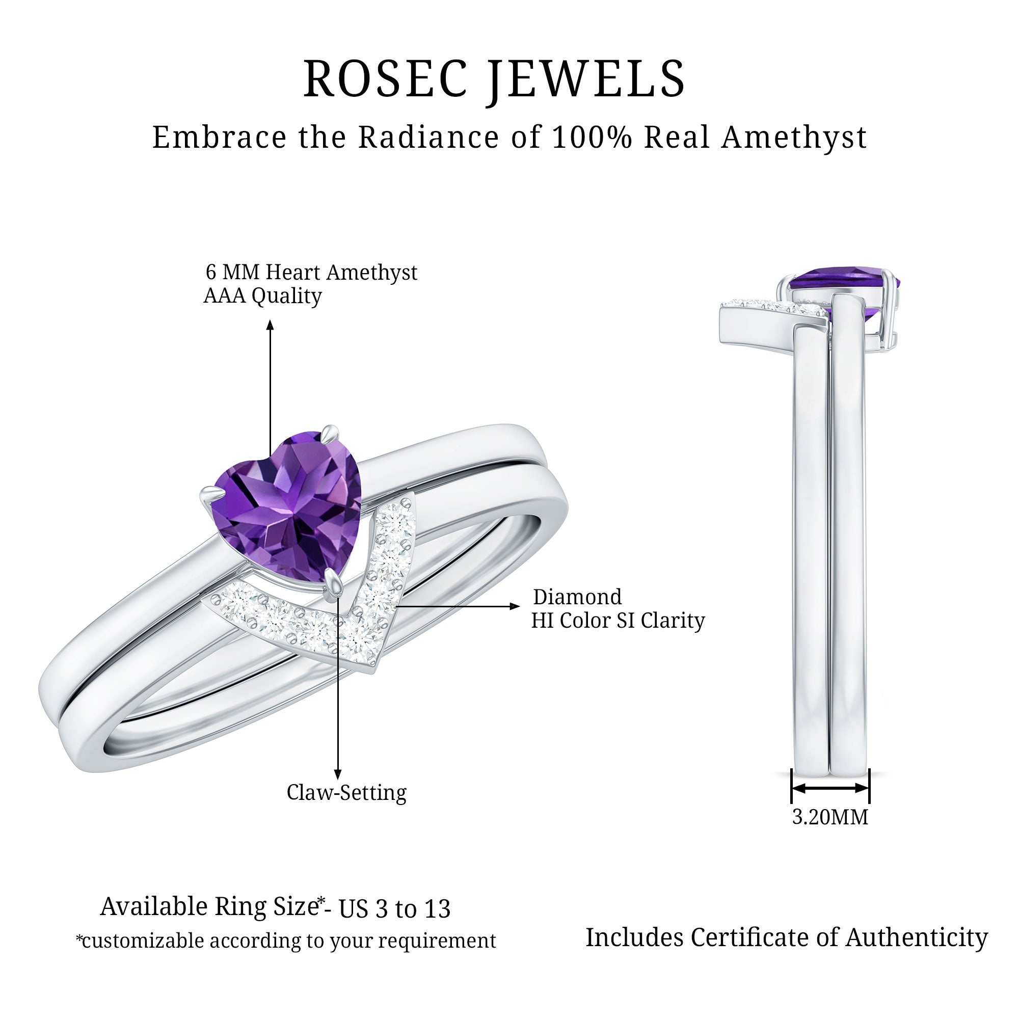 Heart Shape Amethyst and Diamond Ring Set