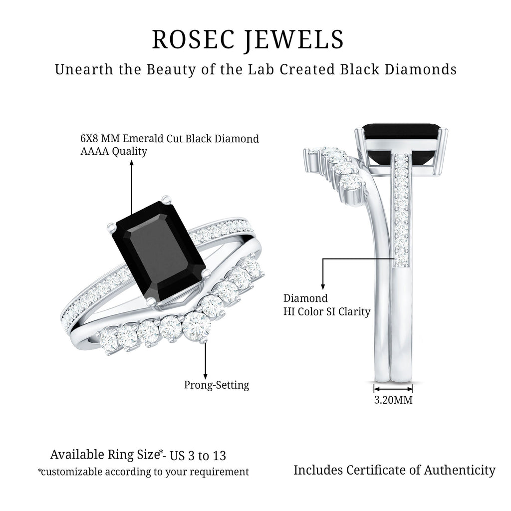 Emerald Cut Created Black Diamond and Diamond Engagement Ring Set