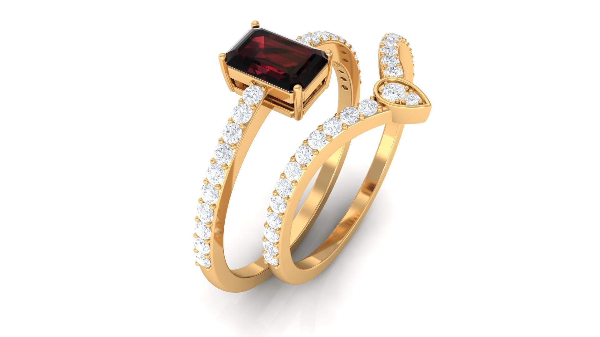 Real Garnet Diamond Emerald Cut Wedding Bridal Ring Set of 2