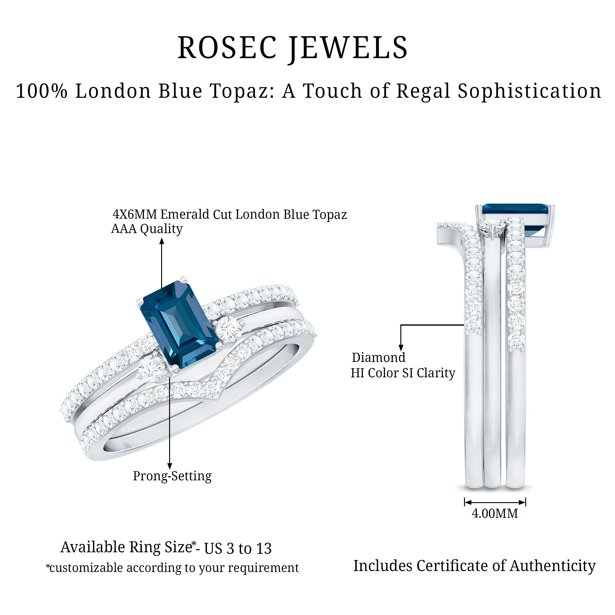 4X6mm Emerald Cut London Blue Topaz Curved Wedding Ring Set with Certificate