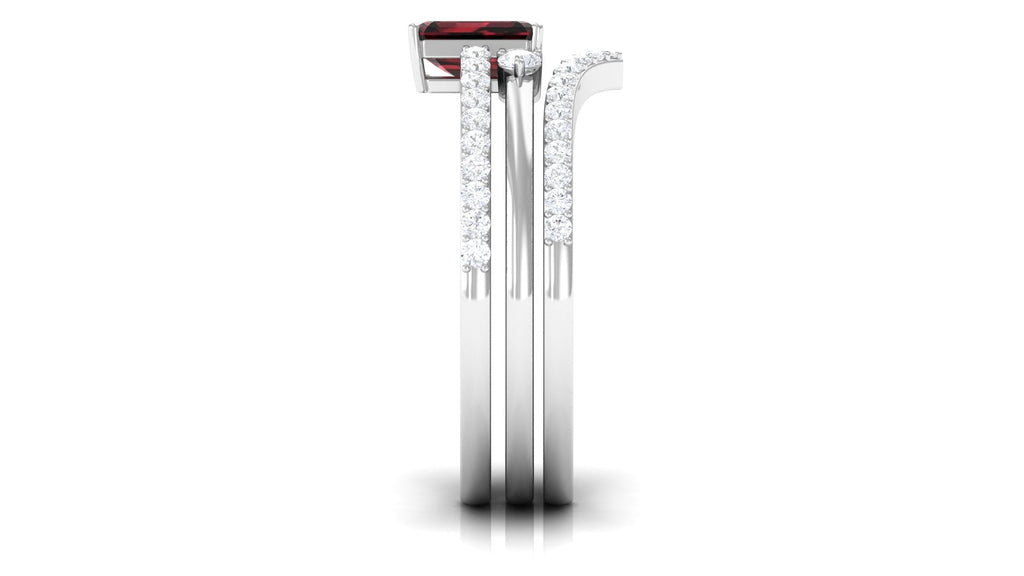 Natural Emerald Cut Garnet Diamond Wedding Bridal Ring Set of 3