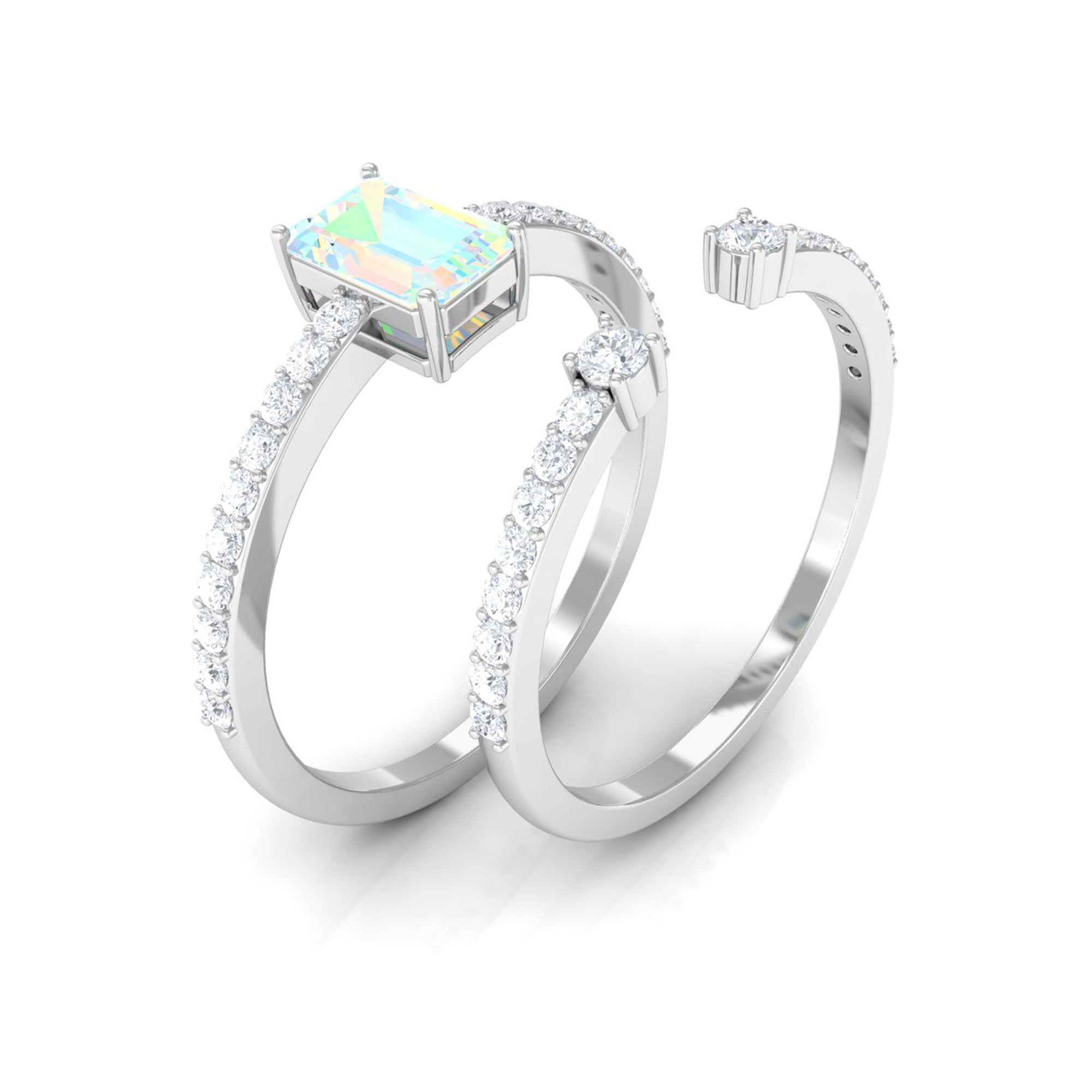 6X8mm Emerald Cut Ethiopian Opal Solitaire Engagement Ring Set with Diamond Band