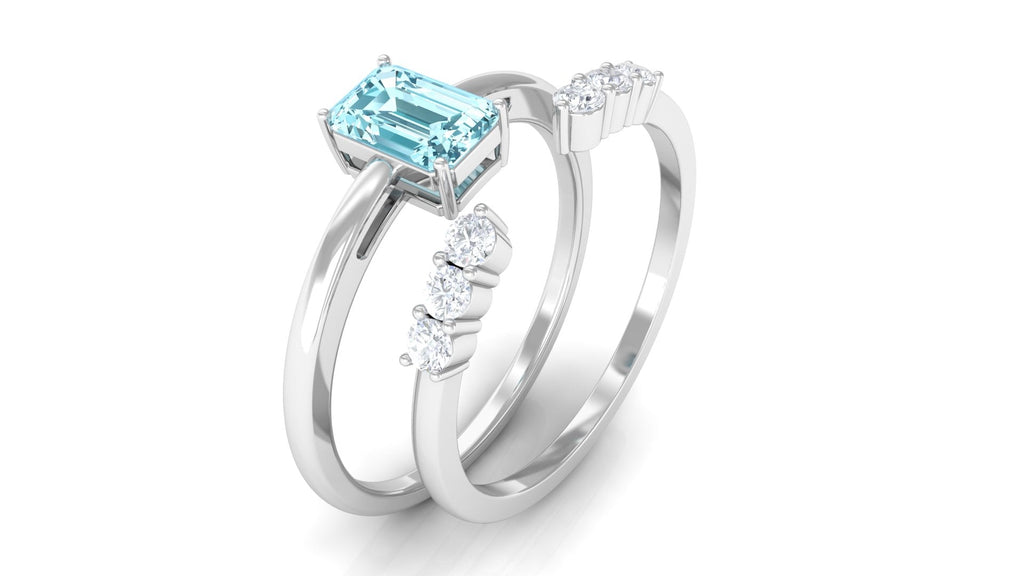 Aquamarine and Diamond Solitaire Stackable Ring Set