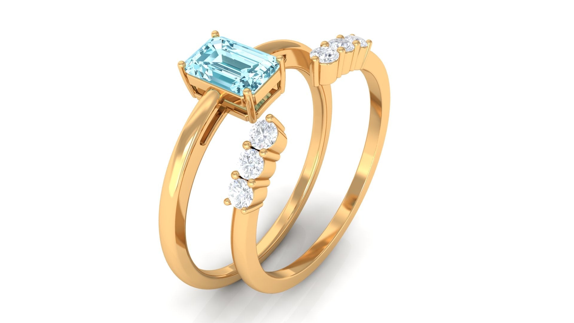 Aquamarine and Diamond Solitaire Stackable Ring Set