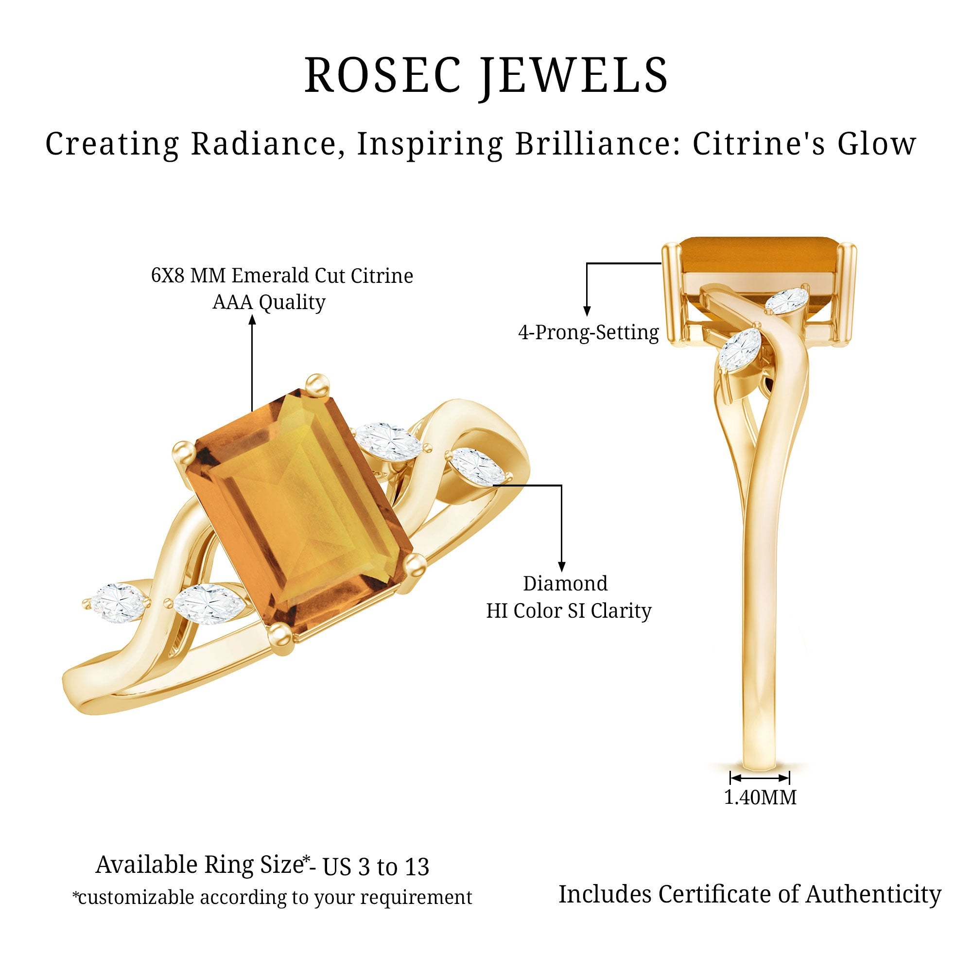 Natural 6X8mm Citrine Emerald Cut Engagement Ring with Diamond