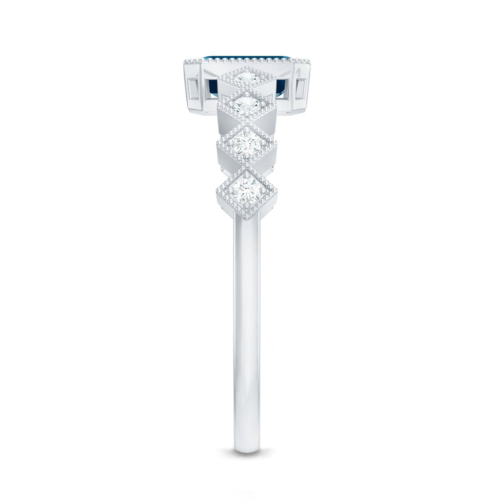 4X6mm Emerald Cut London Blue Topaz Engagement Ring with Beaded Details