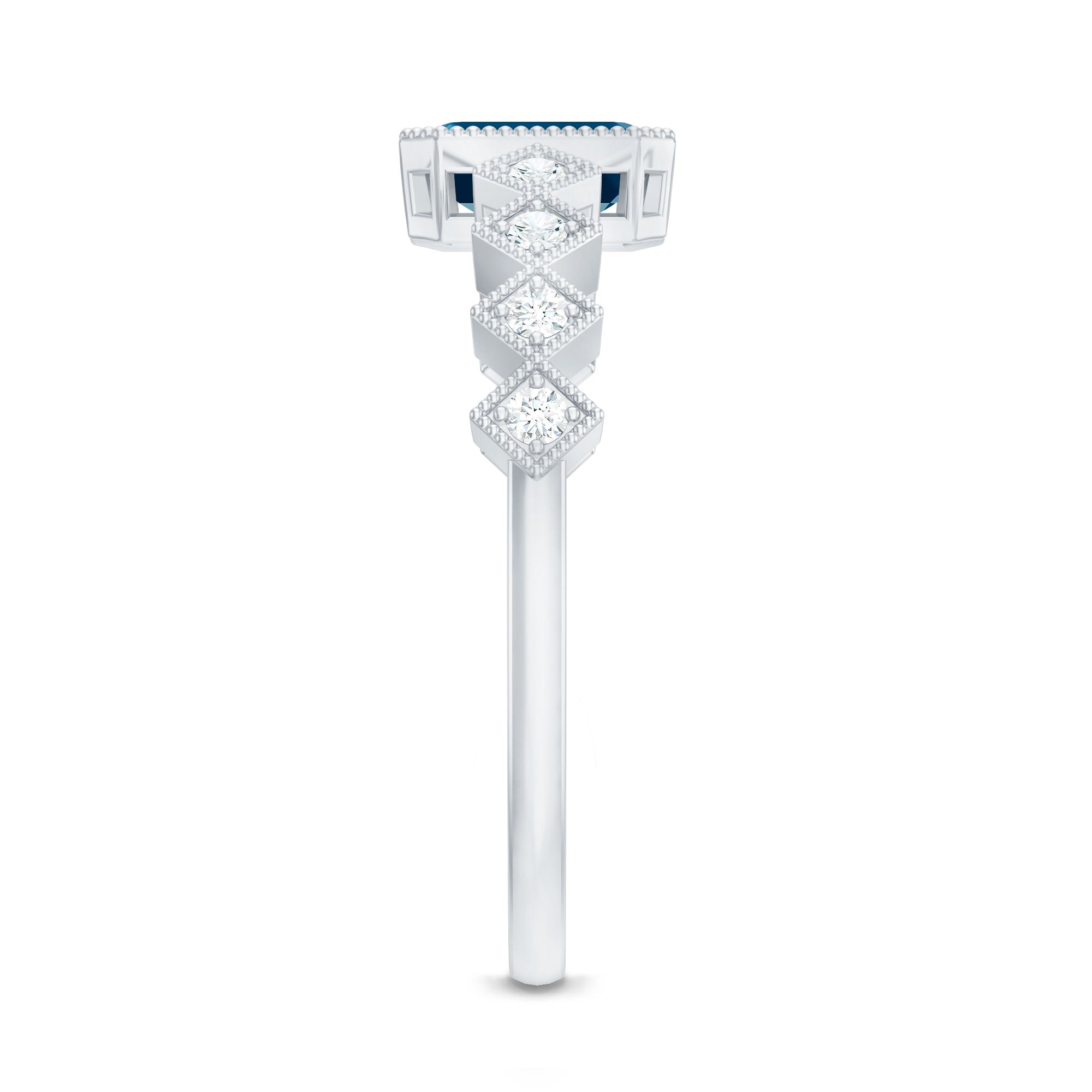 4X6mm Emerald Cut London Blue Topaz Engagement Ring with Beaded Details