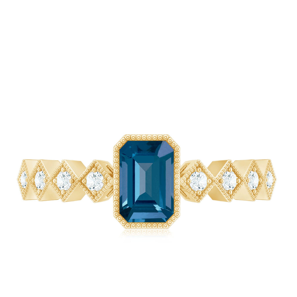 4X6mm Emerald Cut London Blue Topaz Engagement Ring with Beaded Details
