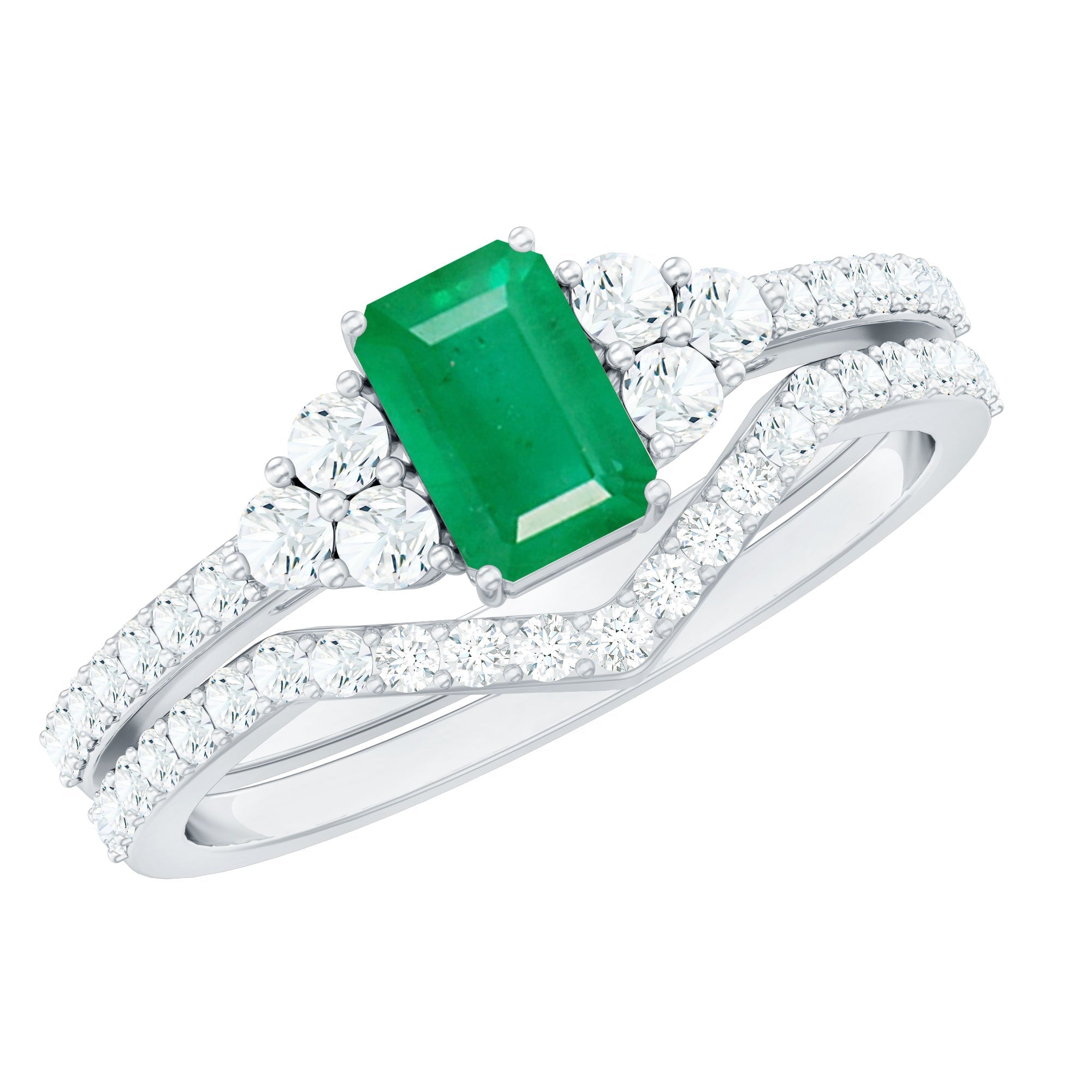 Genuine Emerald Cut Emerald Diamond Bridal Ring Set of 2