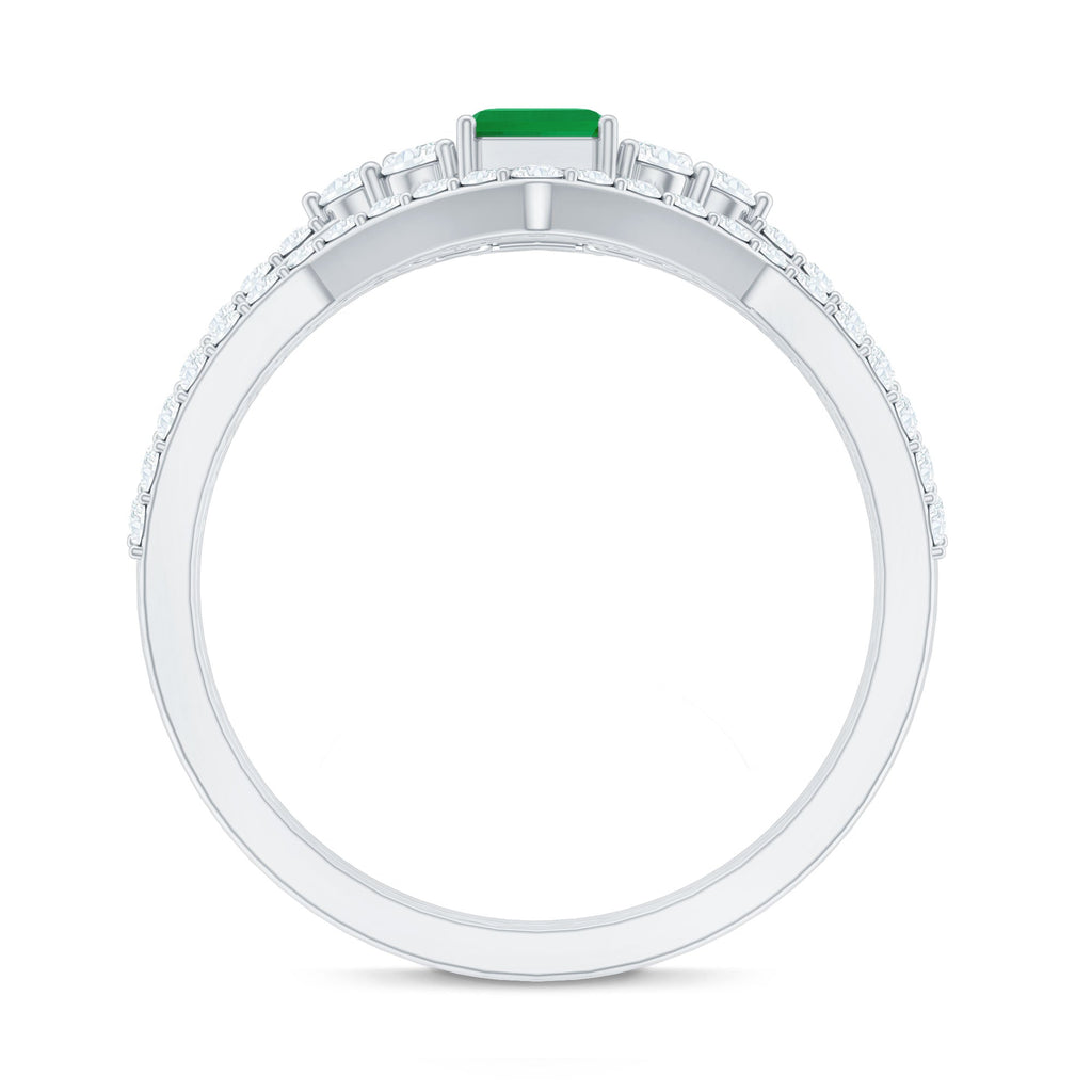 Genuine Emerald Cut Emerald Diamond Bridal Ring Set of 2