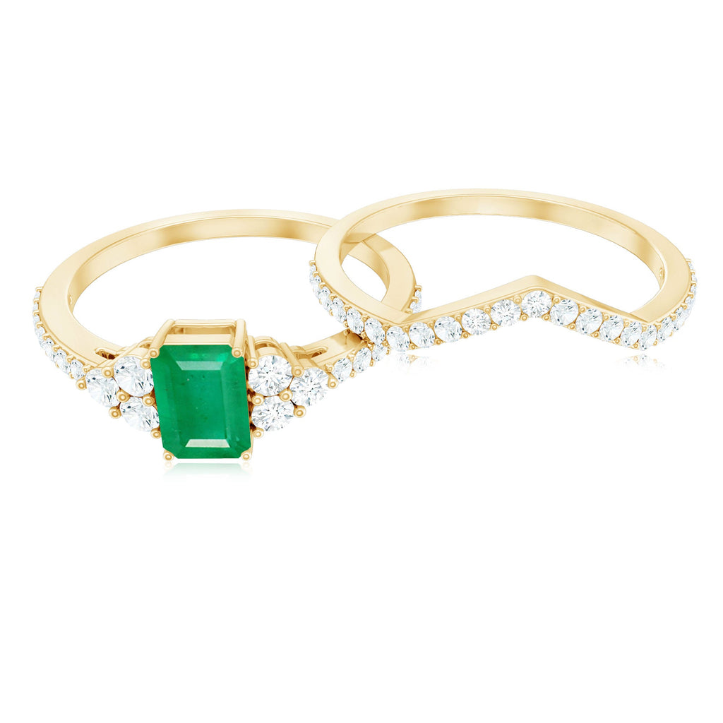 Genuine Emerald Cut Emerald Diamond Bridal Ring Set of 2