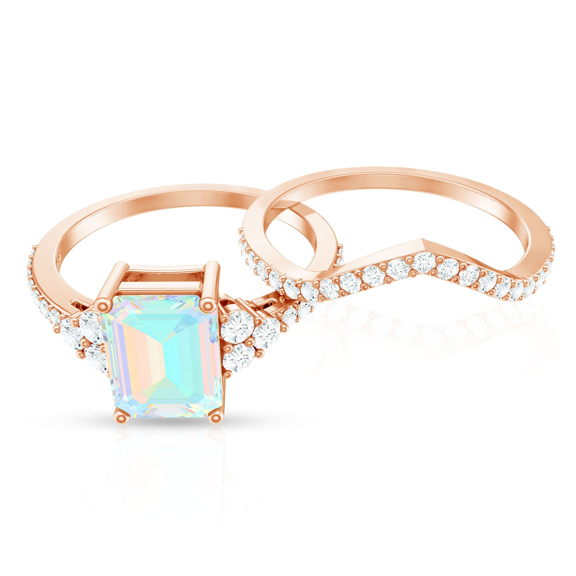 6X8 mm Emerald Cut Ethiopian Opal Classic Ring Set with Diamond Band