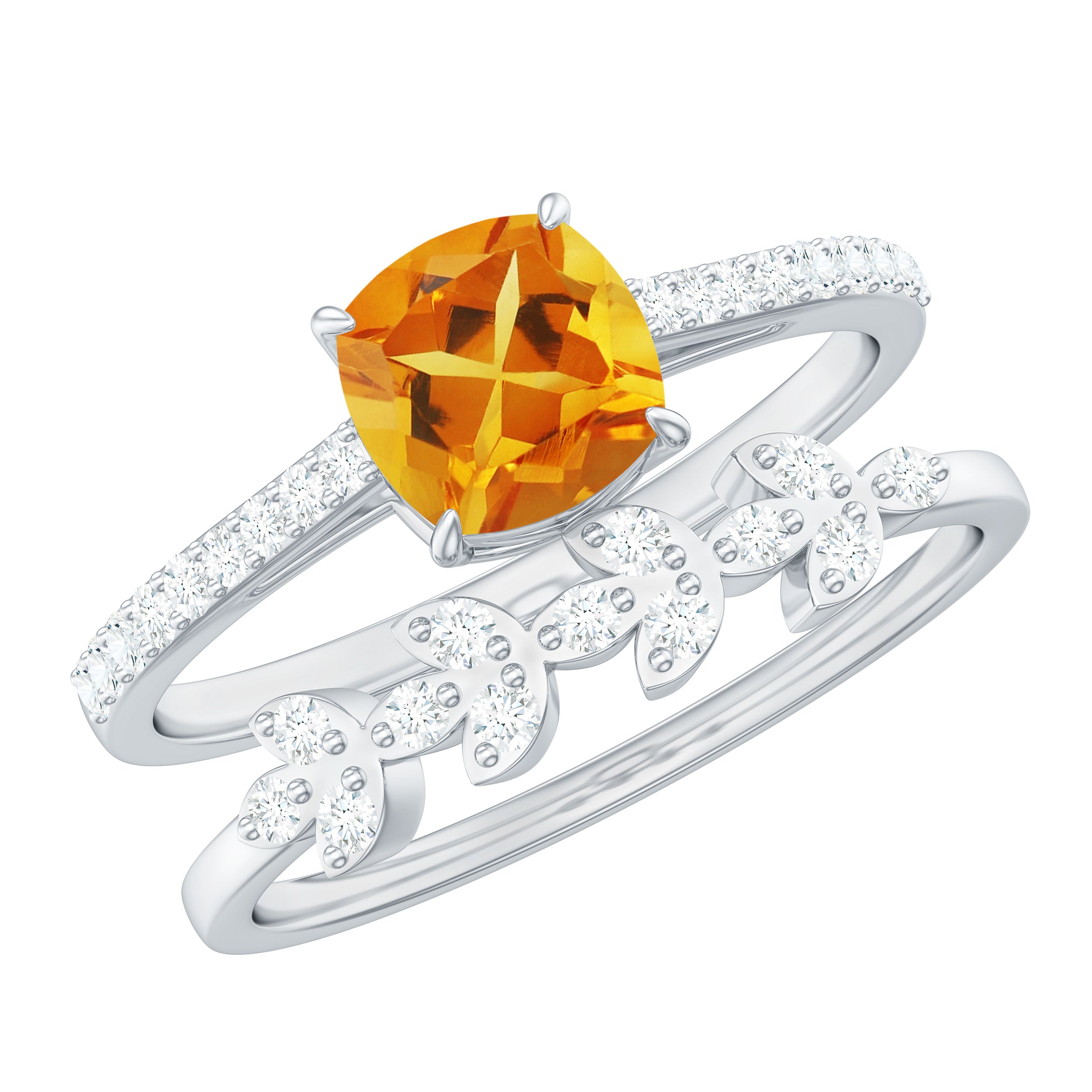 Natural Citrine Moissanite Wedding Bridal Ring Set of 2