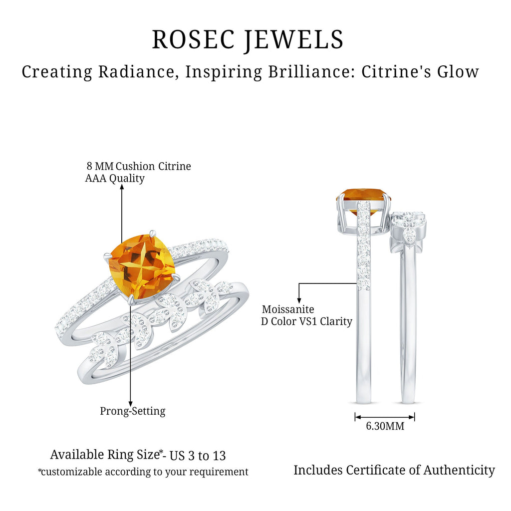 Natural Citrine Moissanite Wedding Bridal Ring Set of 2