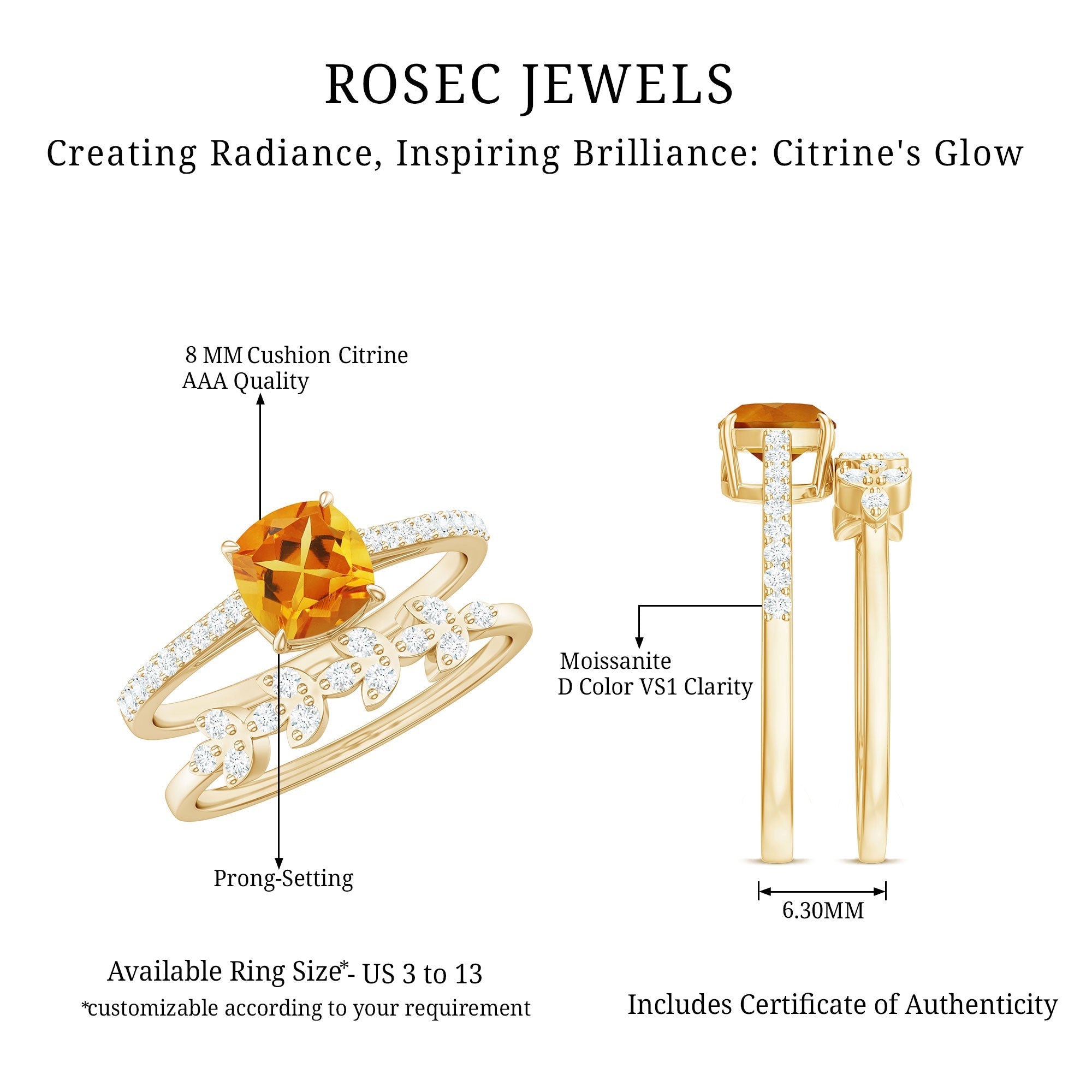 Natural Citrine Moissanite Wedding Bridal Ring Set of 2