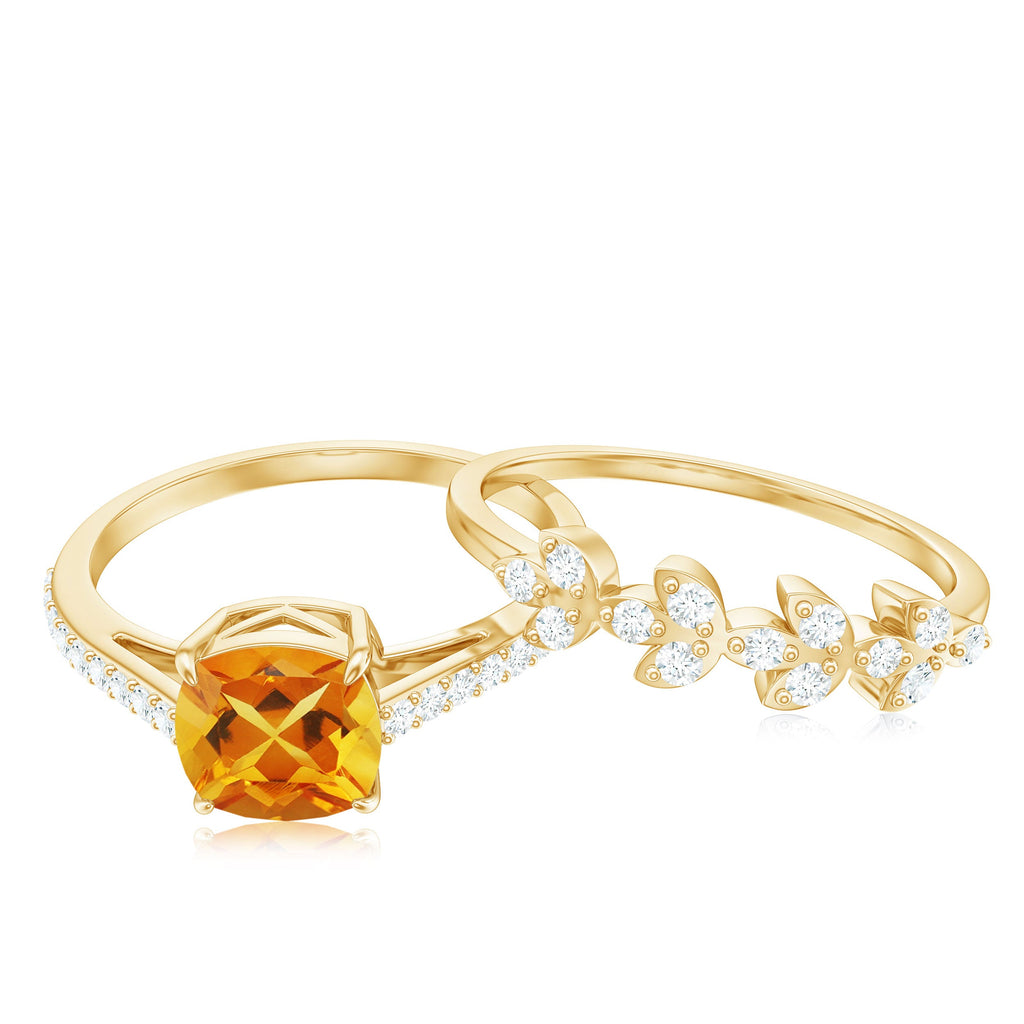 Natural Citrine Moissanite Wedding Bridal Ring Set of 2