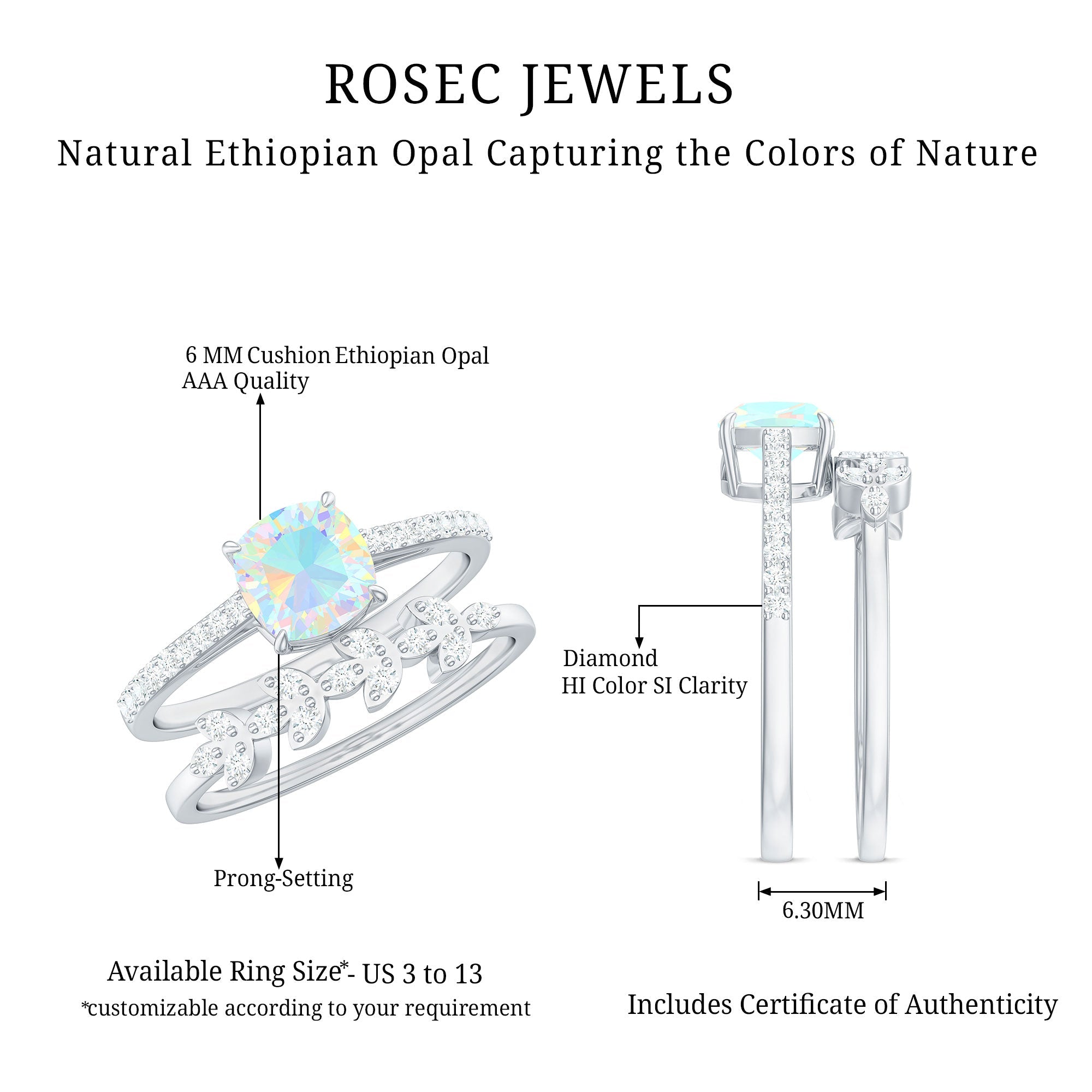 6 mm Cushion Cut Ethiopian Opal Solitaire Ring Set with Diamond Stackable Band