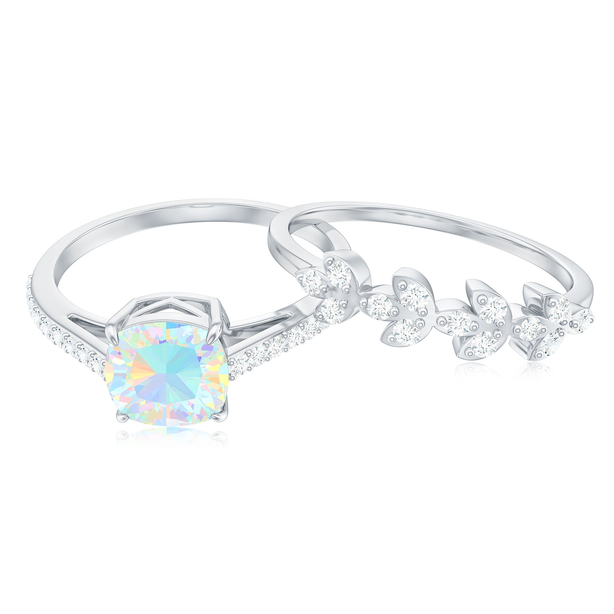 6 mm Cushion Cut Ethiopian Opal Solitaire Ring Set with Diamond Stackable Band