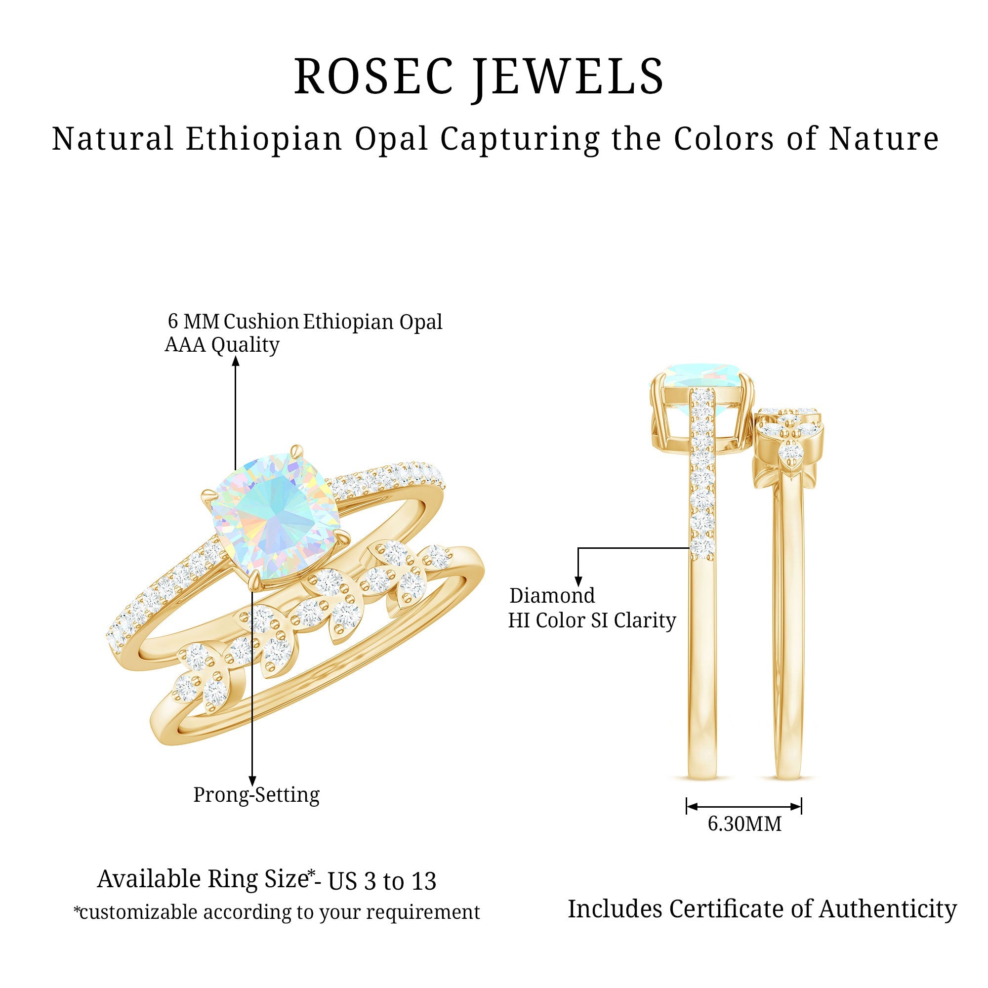6 mm Cushion Cut Ethiopian Opal Solitaire Ring Set with Diamond Stackable Band