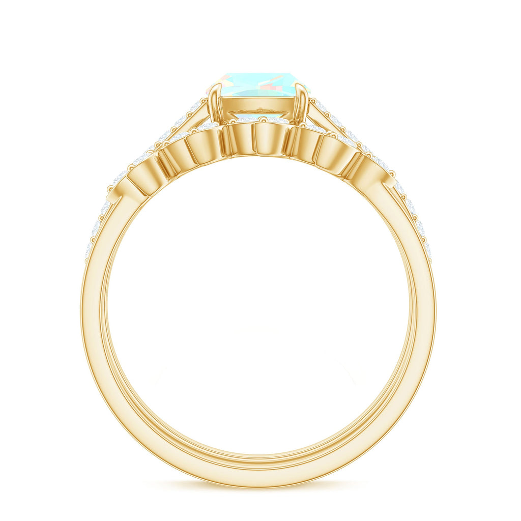 6 mm Cushion Cut Ethiopian Opal Solitaire Ring Set with Diamond Stackable Band