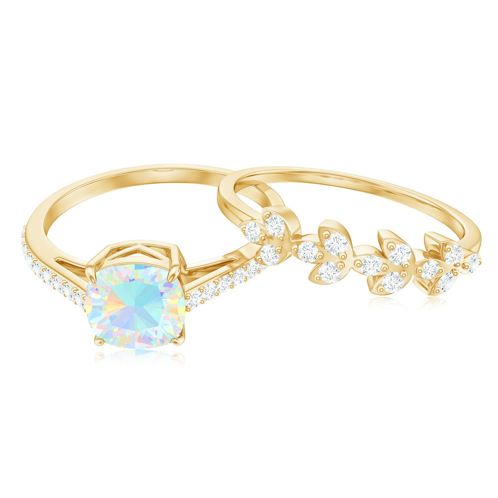 6 mm Cushion Cut Ethiopian Opal Solitaire Ring Set with Diamond Stackable Band