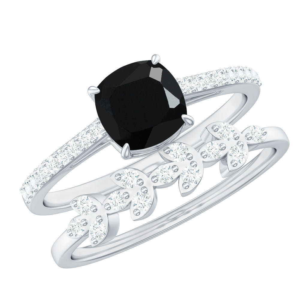 Natural 8mm Black Spinel Diamond Cushion Cut Engagement Ring with Enhancer