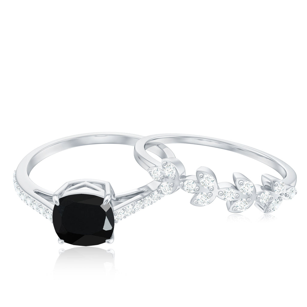 Natural 8mm Black Spinel Diamond Cushion Cut Engagement Ring with Enhancer