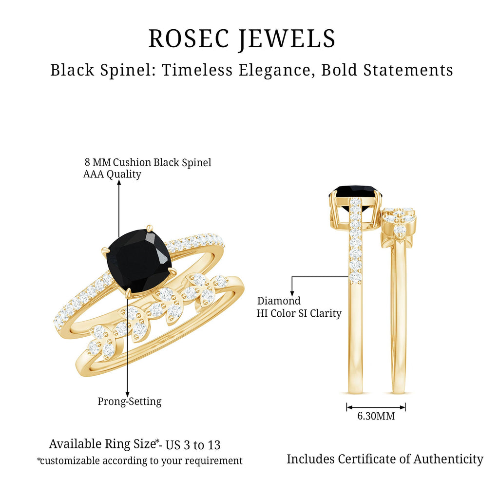 Natural 8mm Black Spinel Diamond Cushion Cut Engagement Ring with Enhancer