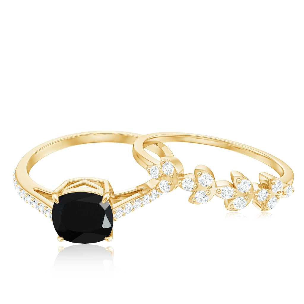 Natural 8mm Black Spinel Diamond Cushion Cut Engagement Ring with Enhancer