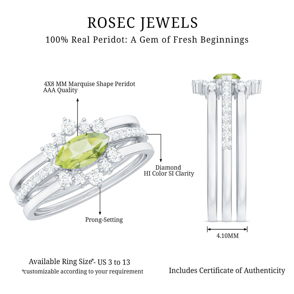 East West Style Peridot 3 Piece Bridal Ring Set with Diamond