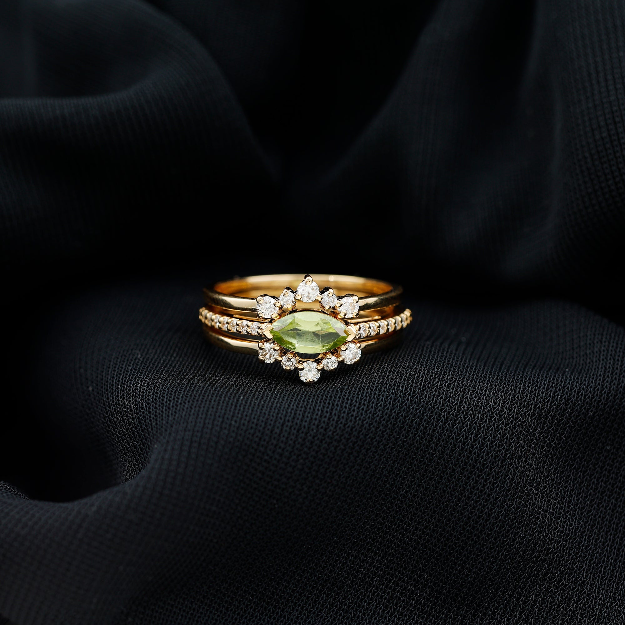 East West Style Peridot 3 Piece Bridal Ring Set with Diamond