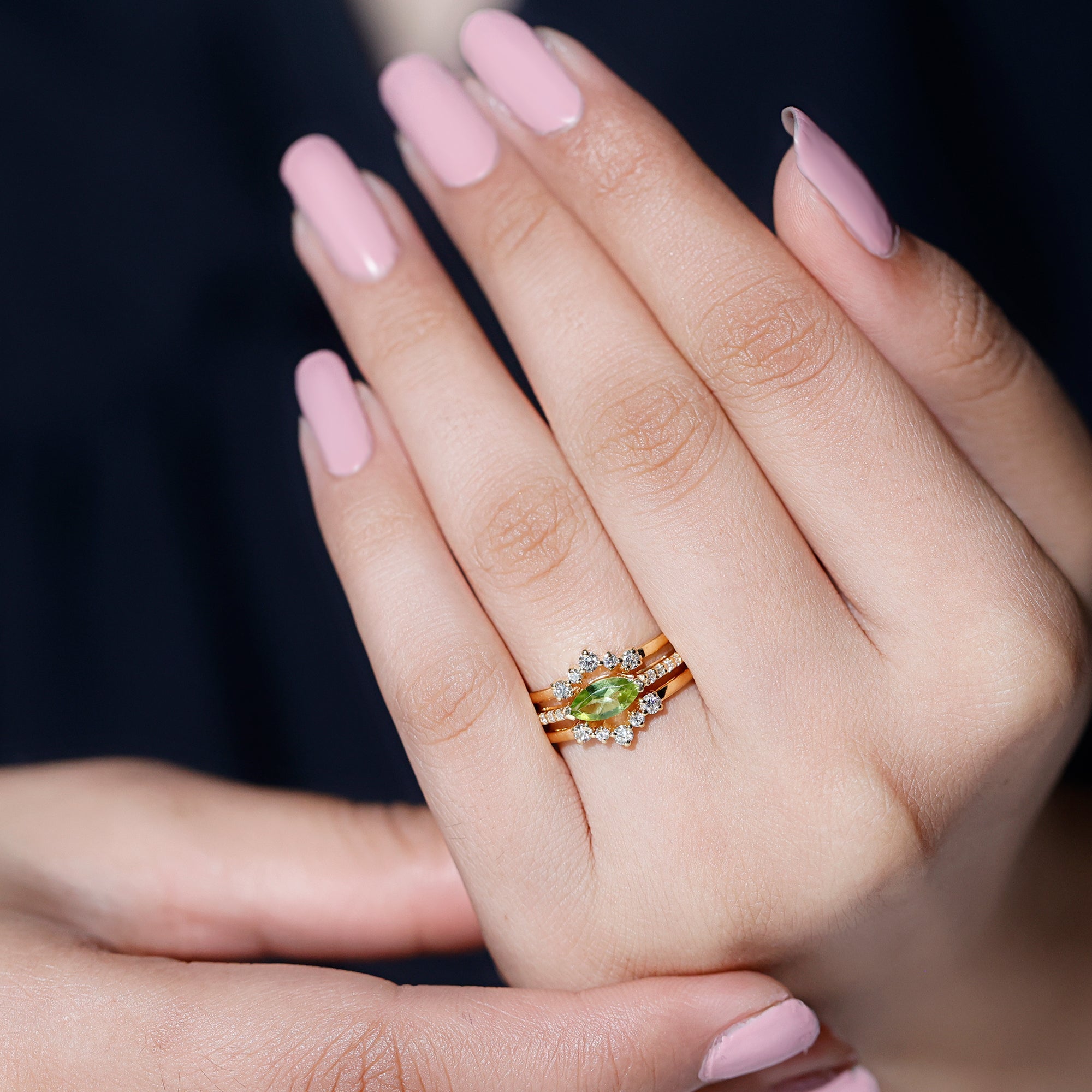 East West Style Peridot 3 Piece Bridal Ring Set with Diamond