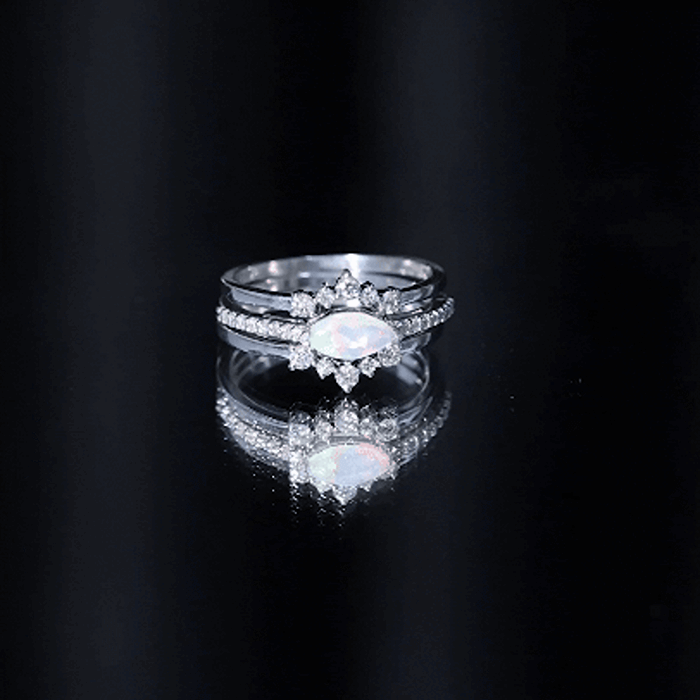 Certified Real Ethiopian Opal Diamond Wedding Bridal Ring Set of 3